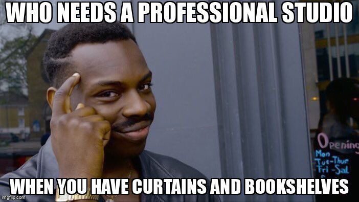 Who needs a professional studio...When you have curtains and bookshelves