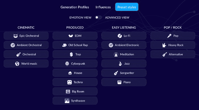 AIVA Preset Styles